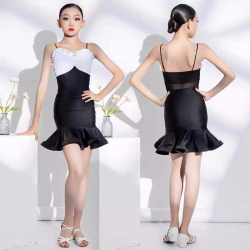 Black with white latin ballroom dance dresses for girls kids salsa rumba chacha stage performance costumes for children